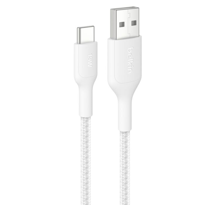 Belkin BoostCharge Pro Braided USB-C to USB-A Cable (1M) - White (CAB022fq1MWH), 3A/15W, 480Mbps, 350K+ Bends, Apple, USB-IF Certified, 2 Years Warranty CAB022fq1MWH