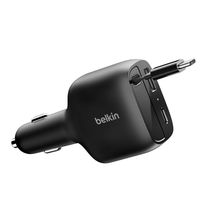Belkin BoostCharge 75W Retractable Car Charger - Black (CCC001fqBK), Retractable Cable (75CM), 1x USB-A, 1x USB-C, $2500 CEW, 2 Years Warranty CCC001fqBK