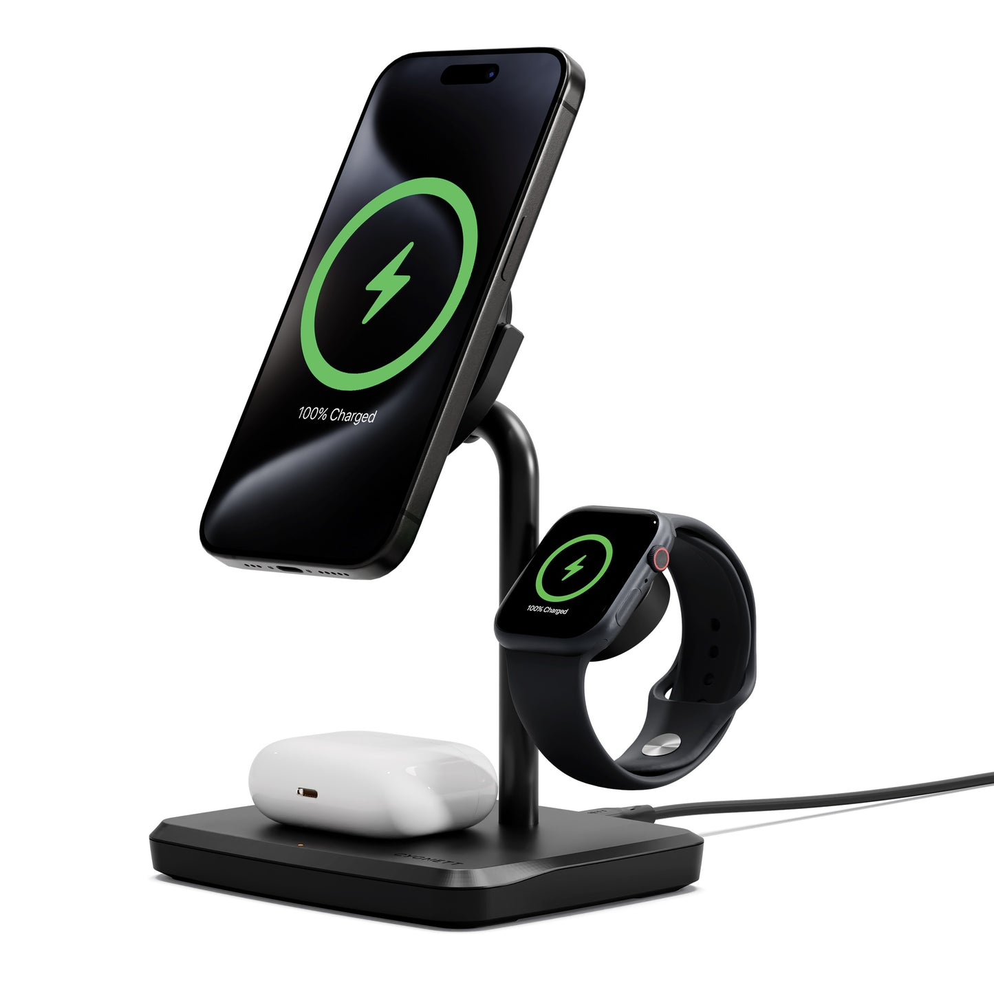 Cygnett ChargeBase Qi2 3-in-1 Magnetic 15W Wireless Charger-Black(CY5069BUNCP), 1.2M USB-C Cable, 5W Watch Charger, 180 Swivel Head, 2 Years Warranty CY5069BUNCP