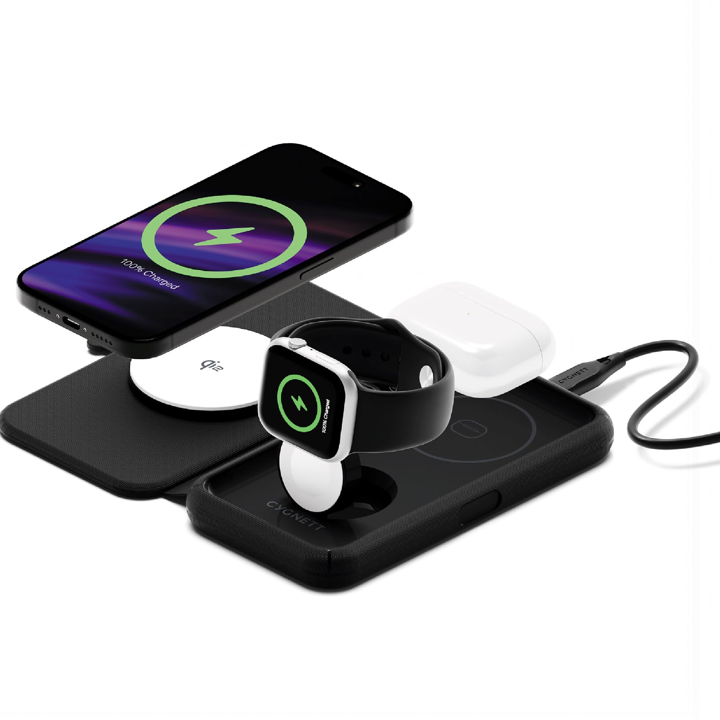 Cygnett MagTravel Qi2.0 2-in-1 Wireless Charger - Black (CY5138WIRDE), 1.2M USB-C Cable, 15W, Compact and lightweight, 2 Years Warranty CY5138WIRDE