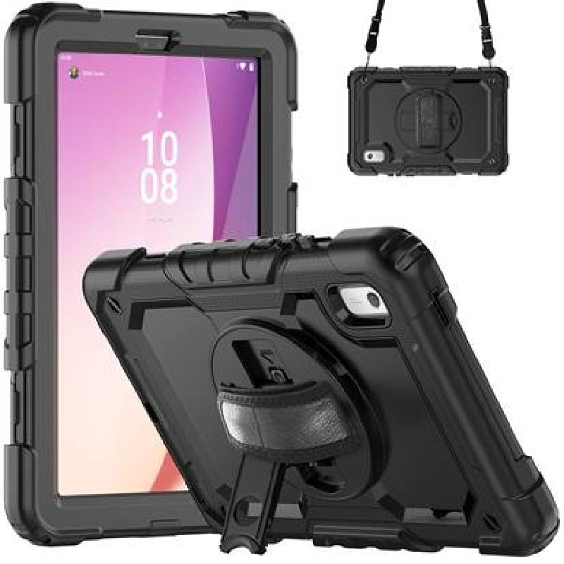 USP Rugged Lenovo Tab M9 (9') Case + Screen Protector Black - Built-in-Kickstand, Adjustable Hand Strap, Shoulder Strap, 3 Year Warranty HDTLM19
