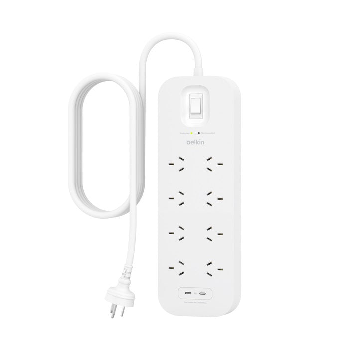 Belkin Connect 8-Outlet Surge Protector with Dual USB-C 30W Ports - White (SRB004AU2M), 2M Cord, 900 Joules Protection, CEW $70, 000, 2 Years Warranty SRB004AU2M