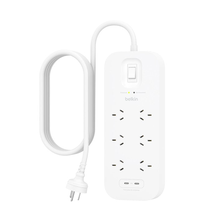 Belkin SurgePro 6-Outlet Surge Protector with Dual USB-C 30W Ports - White (SRB006AU2M), 2M Power Cord, 650 Joules Protection, CEW $50, 000, 2 Years SRB006AU2M