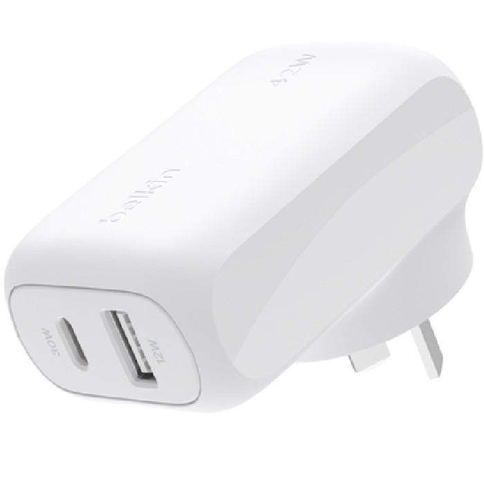 Belkin BoostCharge 42W PD 3.0 PPS Dual Wall Charger - White (WCB009auWH), 1xUSB-C (30W), 1xUSB-A (12W), Safe & Efficient, CEW $2500, 2 Years Warranty WCB009auWH