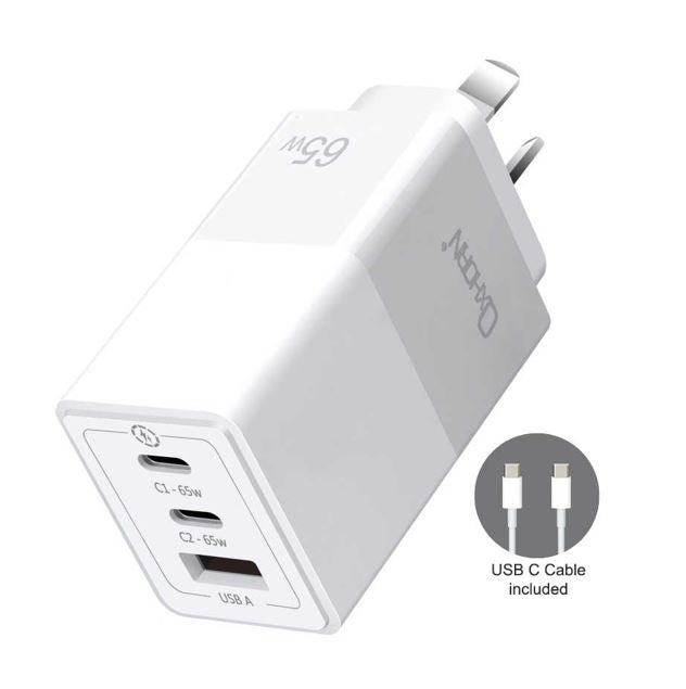 Oxhorn 65W GaN Type C fast Charger 3 Port 2xUSB-C 1xUSB-A PD3.0 QC4.0 PPS AUS Approved C-tick White with cable NB-PD65CCAW