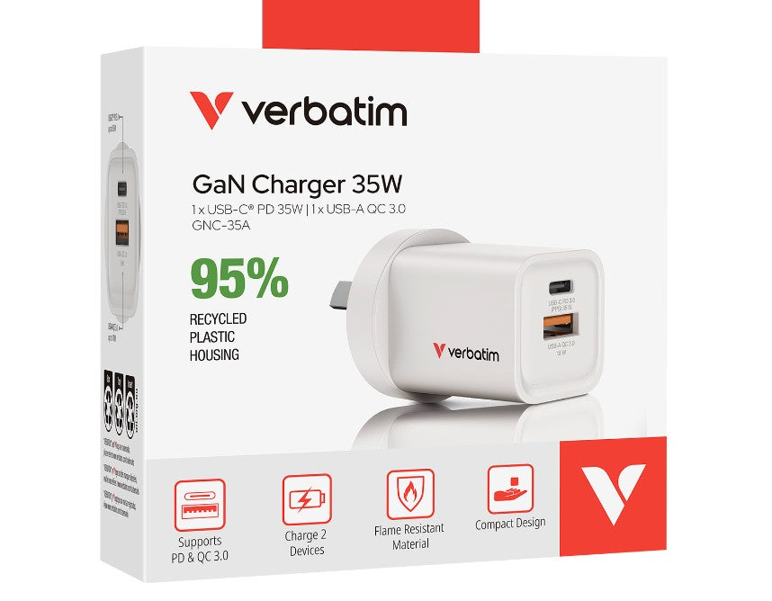 Verbatim 2 Port 35 Watt Portable GaN charger, 1 x USB-C PD 35w, 1x USB-A QC 3.0, Compact Design Apple, Android, Samsung, Google, Huawei, Oppo 67015
