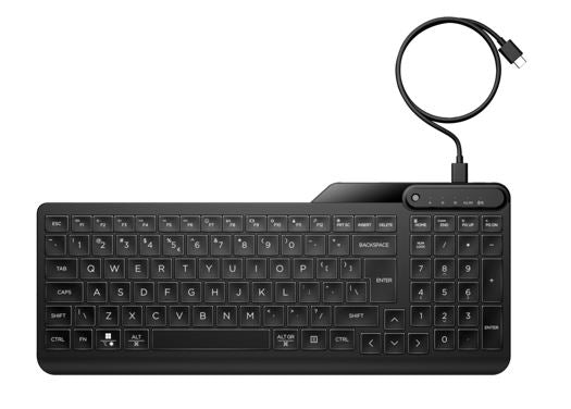 HP 405 Multi-Device Backlit Wired Keyboard Removable USB-C cable with USB-A Slim Full-size Numpad LED light Multi-OS compatible 150cm Cable Black 7N7C1AA