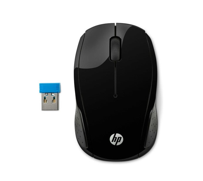 HP 200 Wireless Mouse Radio Frequency USB Optical 3 Button 1000 dpi 2xAAA Up to 12M Battery life Scroll Wheel Symmetrica Available USB port Black Mice X6W31AA
