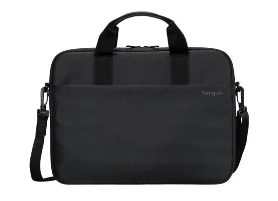 Targus 13-14' Intellect Slim Briefcase Zippered padded front pocket Removable adjustable shoulder strap carry handles water-resistant fabric Black TBS978GL