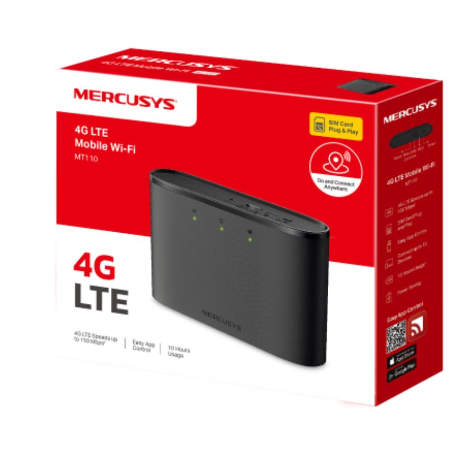 Mercusys MT110 150Mbps 4G LTE Modem, 150 Mbps at 2.4 GHz, 4G Cat4 150/50 Mbps, Build-In 2200 mAh Rechargeable Battery MT110