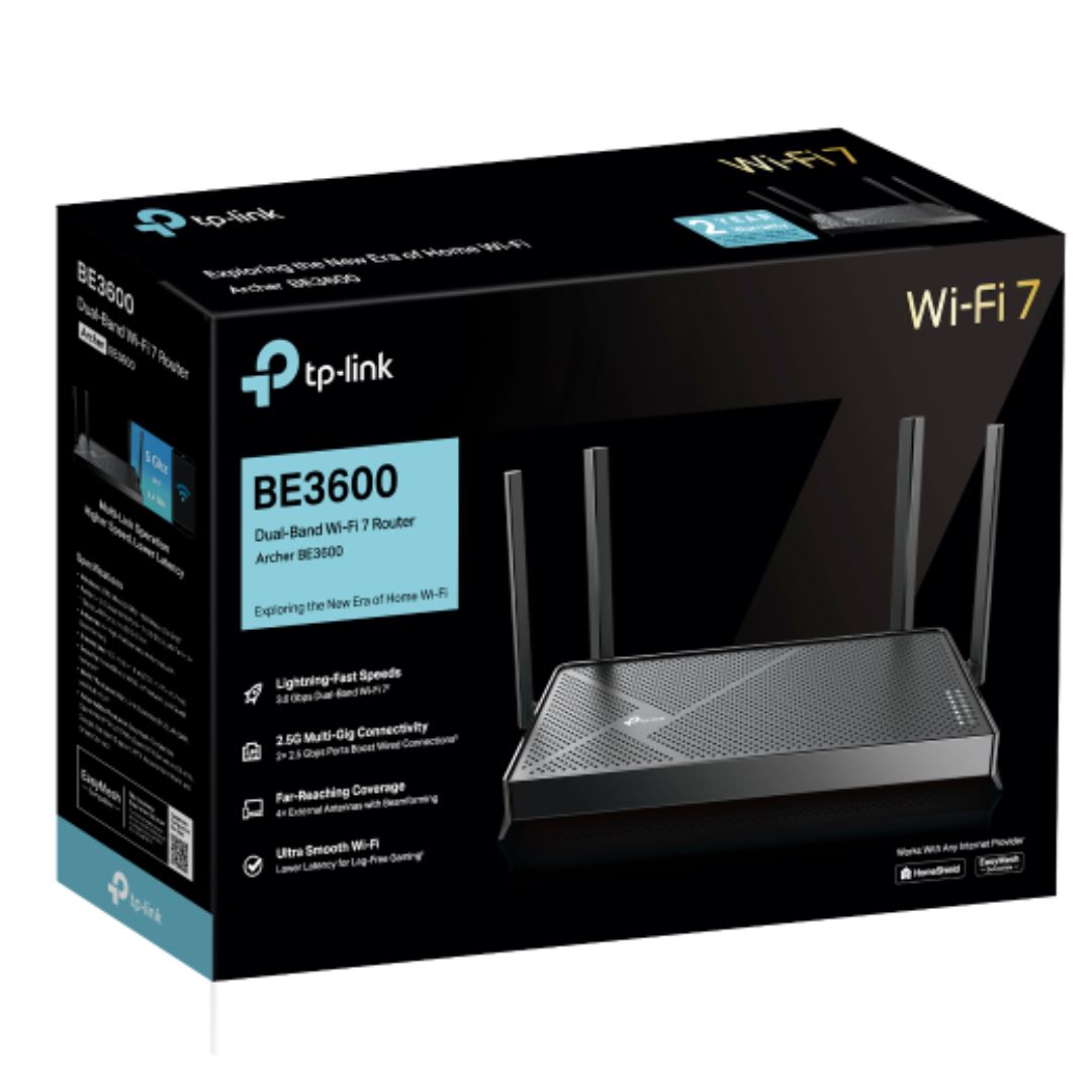 TP-Link Archer BE3600 BE3600 Dual-Band Wi-Fi 7 Router (WIFI7) 1148 Mbps at 2.4 GHz + 4804 Mbps at 5 GHz, 8x Antennas, 2.0 GHz Quad- Core CPU, 1*2.5Gbp Archer BE3600