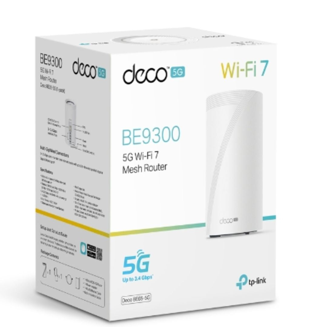 TP-Link Deco BE65-5G(1-pack) 5G BE9300 Tri-Band Whole Home Mesh Wi-Fi 7 Gateway (WIFI7) 574 Mbps at 2.4 GHz + 2880 Mbps at 5 GHz + 5760 Mbps at 6 GHz Deco BE65-5G(1-pack)