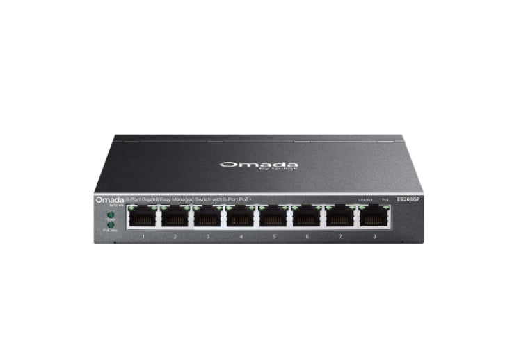 TP-Link ES208GP Omada 8-Port Gigabit Easy Managed Switch with 8-Port PoE+, 8x Gigabit PoE+ Ports, 802.3at/af, 64 W PoE Power, Desktop Steel Case an ES208GP