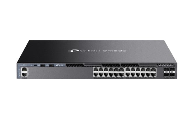 TP-Link SG6428X Omada 24-Port Gigabit Stackable L3 Managed Switch with 4 10GE SFP+ Slots, 24x Gigabit RJ45 Ports, 4x 10G SFP+ Slots, RJ45/Type C USB C SG6428X