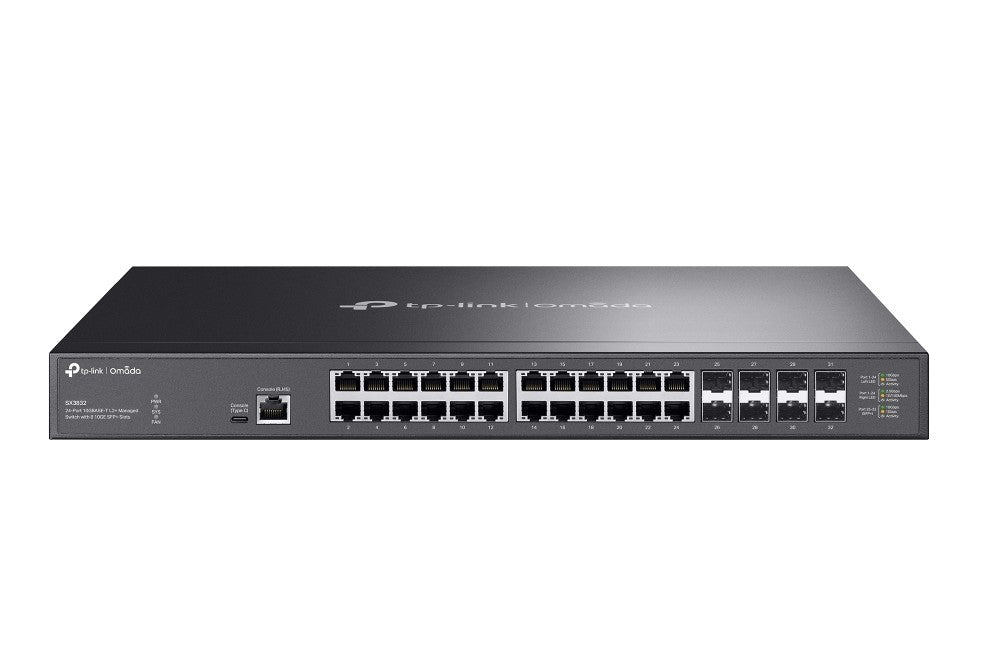 TP-Link SX3832 Omada 24-Port 10GBASE-T L2+ Managed Switch with 8 10GE SFP+ Slots (SX3832);24x 1/2.5/5/10 Gbps RJ45 ports;8x 1/10 Gbps SFP+ slots; 640 SX3832