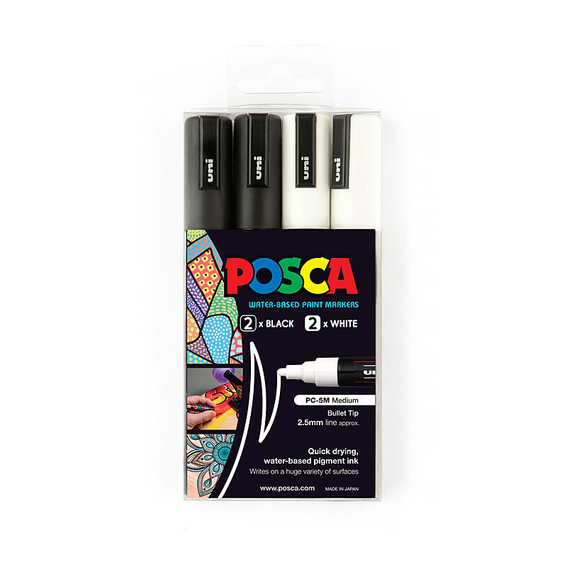 Posca PC-5M Med Bllt Bl/Wh Pk4 - PC5M4PBKWH
