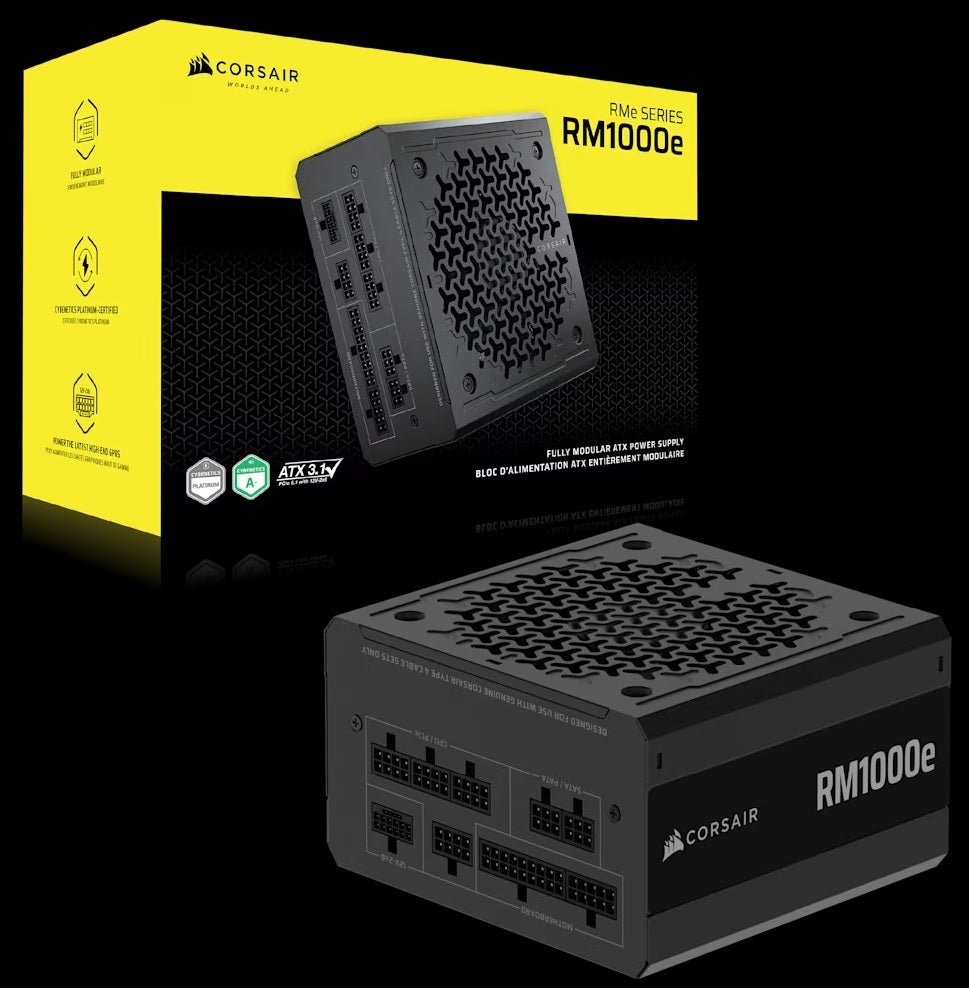 Corsair RMe Series RM1000e Fully Modular Low-Noise ATX Power Supply (AU), Cybenetics Gold, ATX12V 3.1, 2x PATA, 2x EPS, 6x SATA, 3x PCIe CP-9020297-AU