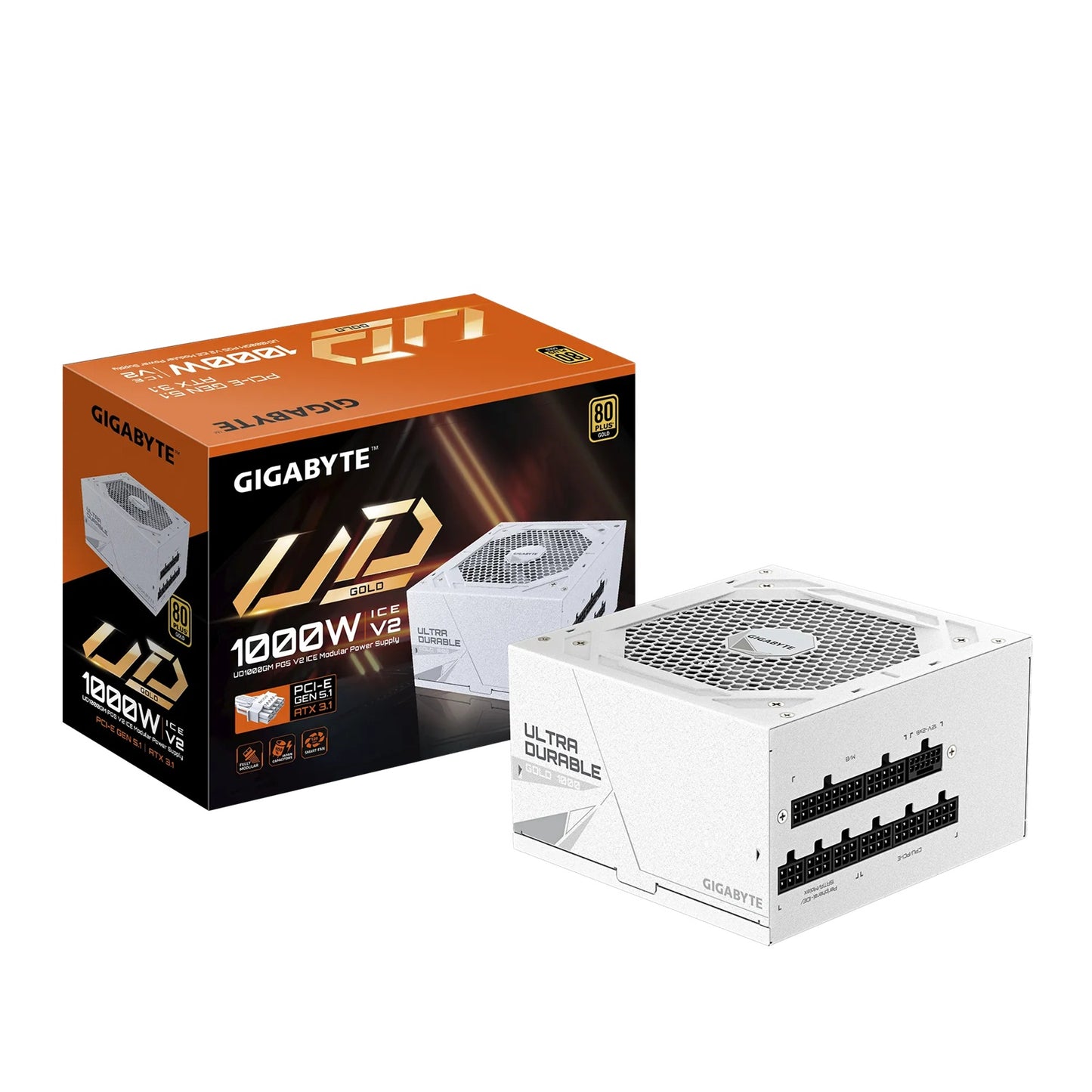 Gigabyte UD1000GM PG5 ICE 1000W ATX PSU Power Supply 80+ Gold >90% 120mm Fan Black Flat Cables Single +12V >100K Hrs GP-UD1000GM PG5 ICE