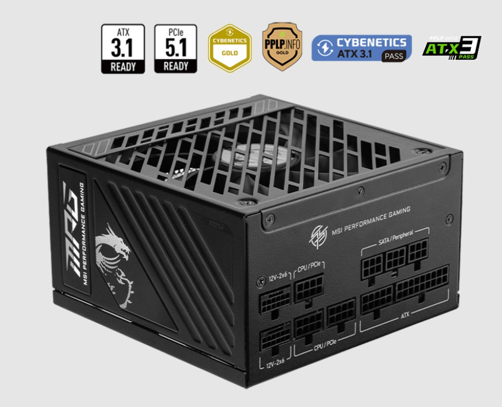 MSI MPG A1000GS PCIE5 1000W ATX Power Supply Unit, 80 PLUS Gold, Fully modular flat cables, 0 RPM Mode, Active PFC design MPG A1000GS PCIE5