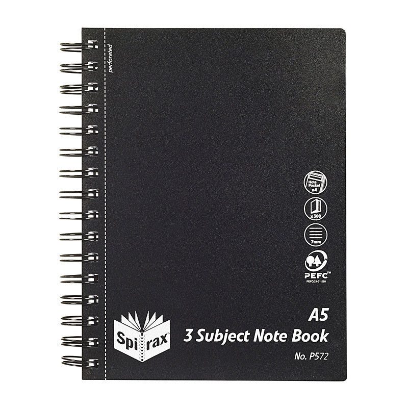 Spirax P572 PP 3 Subject Book A5 300P Black S/O Pk5 - 5657200