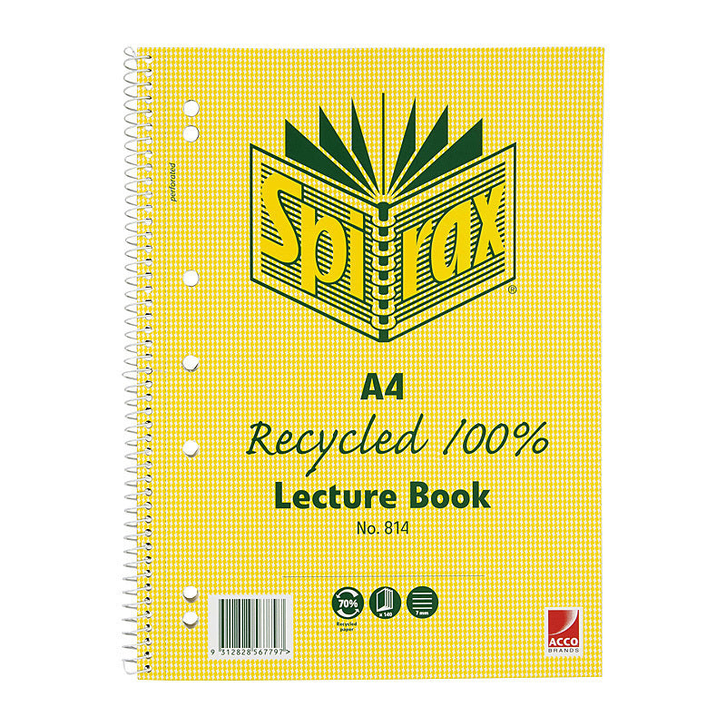 Spirax 814 Recycled Lecture Book A4 140 Page Pk5 - 56804