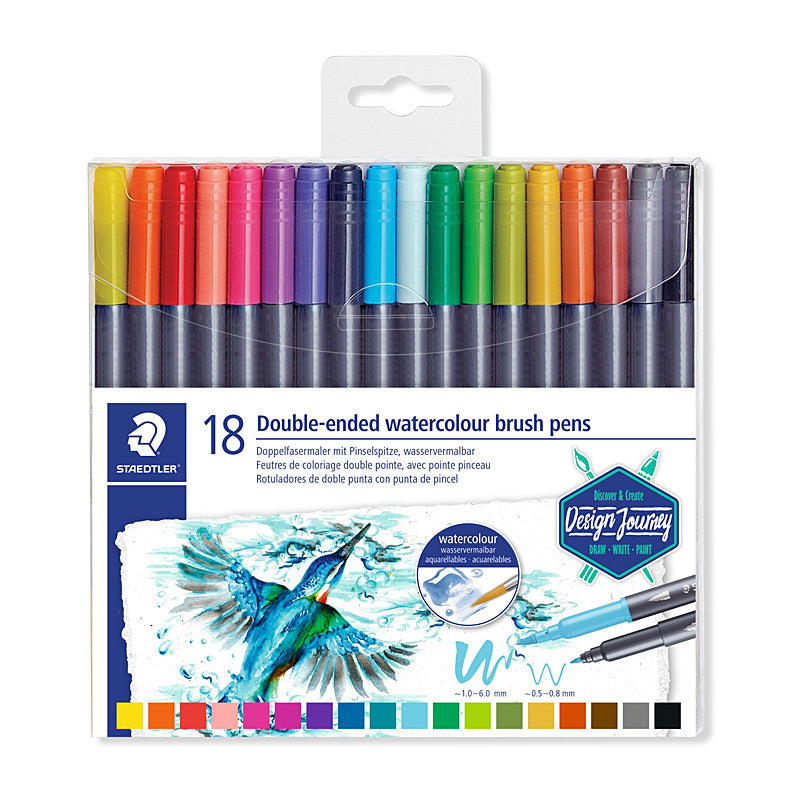 Staedtler MarsGraphic Double-Ended Watercolour Brush Pens - Box of 18 - Assorted Colours - 3001 TB18