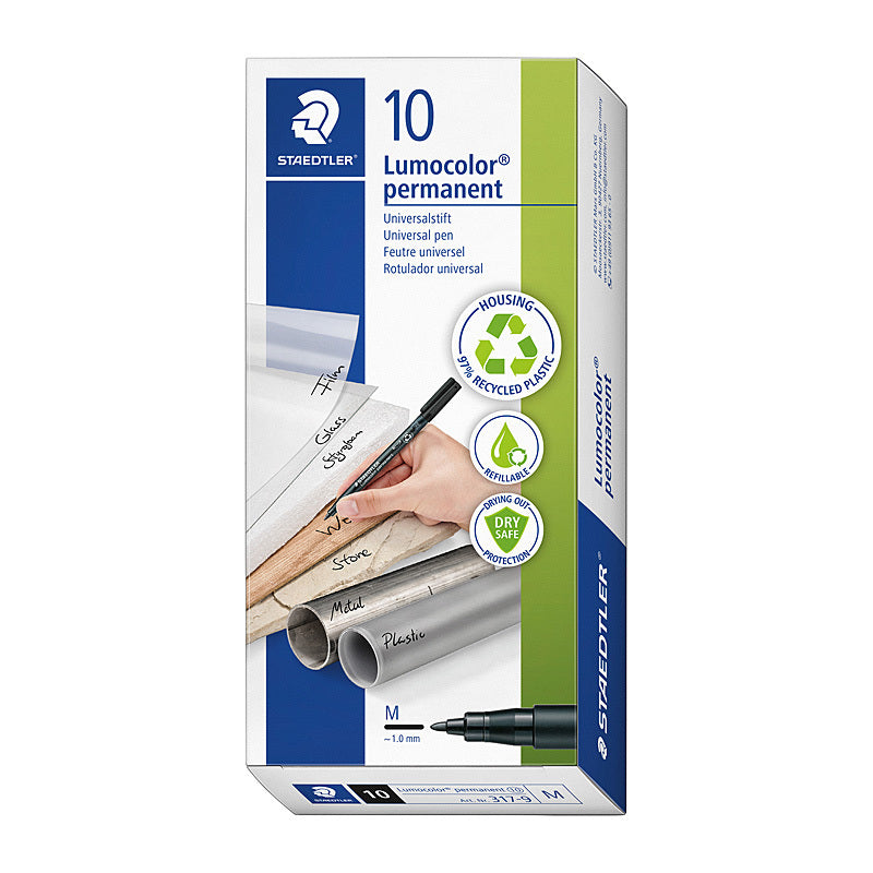 Staedtler Lumocolour 1mm Permanent Medium Pen - Box of 10 - Black - 317-9