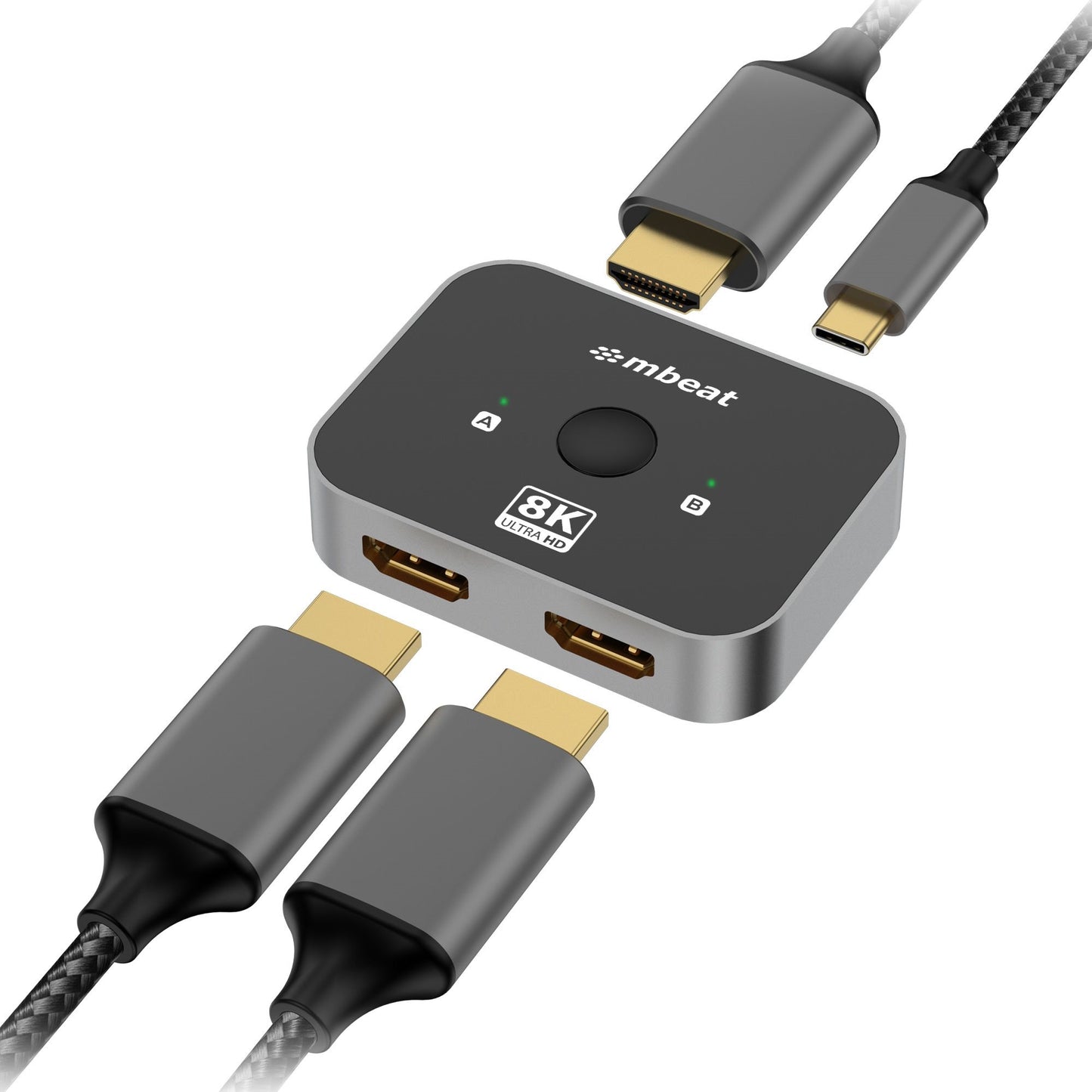 mbeat 8K Bi-directional HDMI 2.1 Switch 2 In 1 Out/1 In 2 Out 8K@60Hz resolution, plug-and-play convenience USB-C power input Maximum 8K/60Hz MB-HDMI-SW8K21