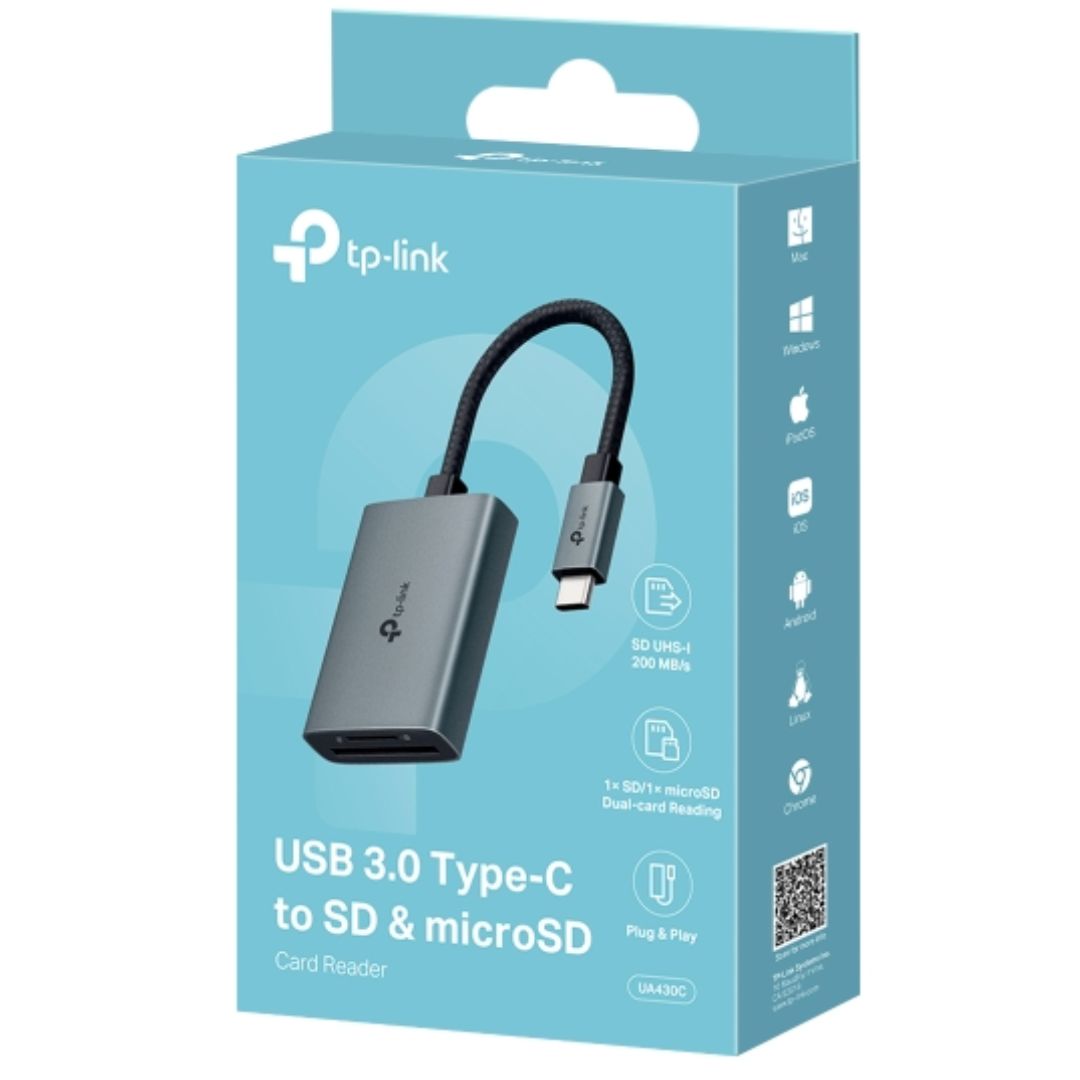 TP-Link UA430C USB 3.0 Type-C to SD & microSD 3.0 Card Reader, support SD,SDHC?SDXC,microSD?microSDHC?microSDXC cards up to 2TB. UA430C