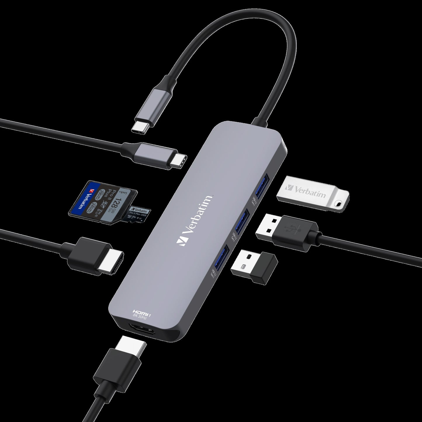 Verbatim USB-C Pro Multiport Hub 8 Ports, 2 x HDMI, 3 x USB-A 3.2 Gen1, 1 x SD card slot, 1 x microSD card slot, 1 x USB-C PD 32151