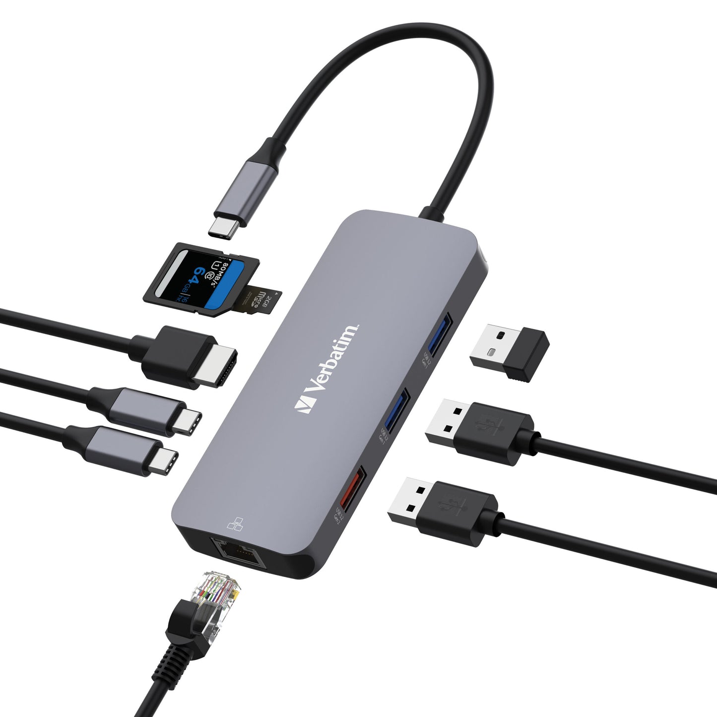 Verbatim USB-C Pro Multiport Hub 9 Ports, 1 x HDMI, 1 x RJ45, 2 x USB-C 3.2 Gen2, 1 x USB-A 3.2 Gen2, 2 x USB-A 3.2 Gen1, 1 x SD card slot, 1 x microSD 32152