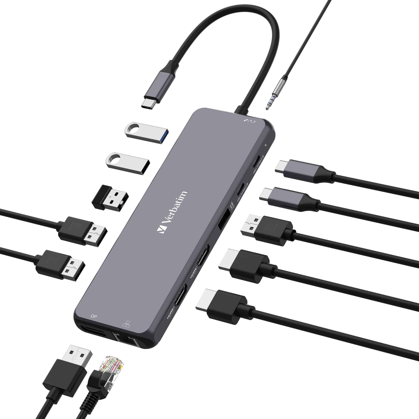 Verbatim USB-C Pro Multiport Hub 13 Port, 2 x HDMI, 1 x DisplayPort, 1 x RJ45, 3 x USB-A 3.2 Gen 1, 1 x USB-A 3.2 Gen 2, 2 x USB-A 2.0, 1 x Audio, 2 x 32153
