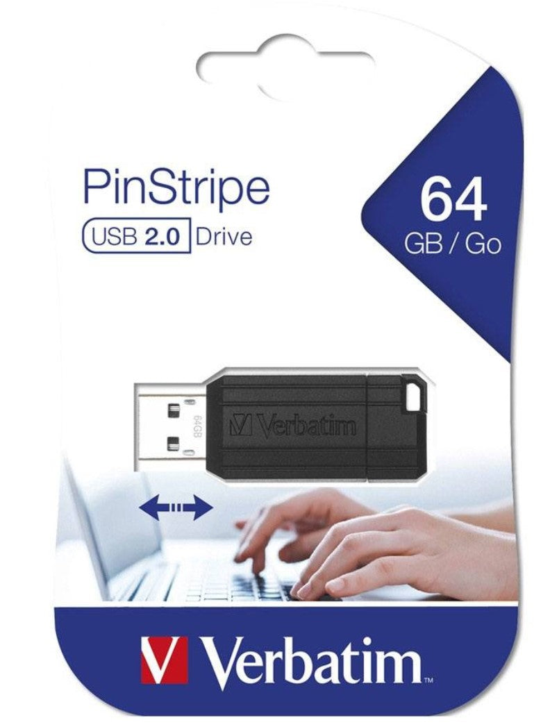 Verbatim Store'n'Go Pinstripe USB Drive 64GB (Black) - Reliable, Durable, and Ultra Compact - Best Companion for Office 2 Years Limited Warranty 49065