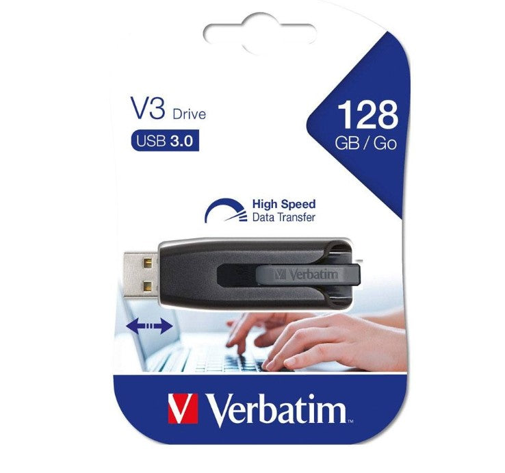 Verbatim Store'n'Go V3 USB 3.2 SuperSpeed Drive 128GB - Backup Storage, Grey, Windows, Mac, Linux Compatible. 49189