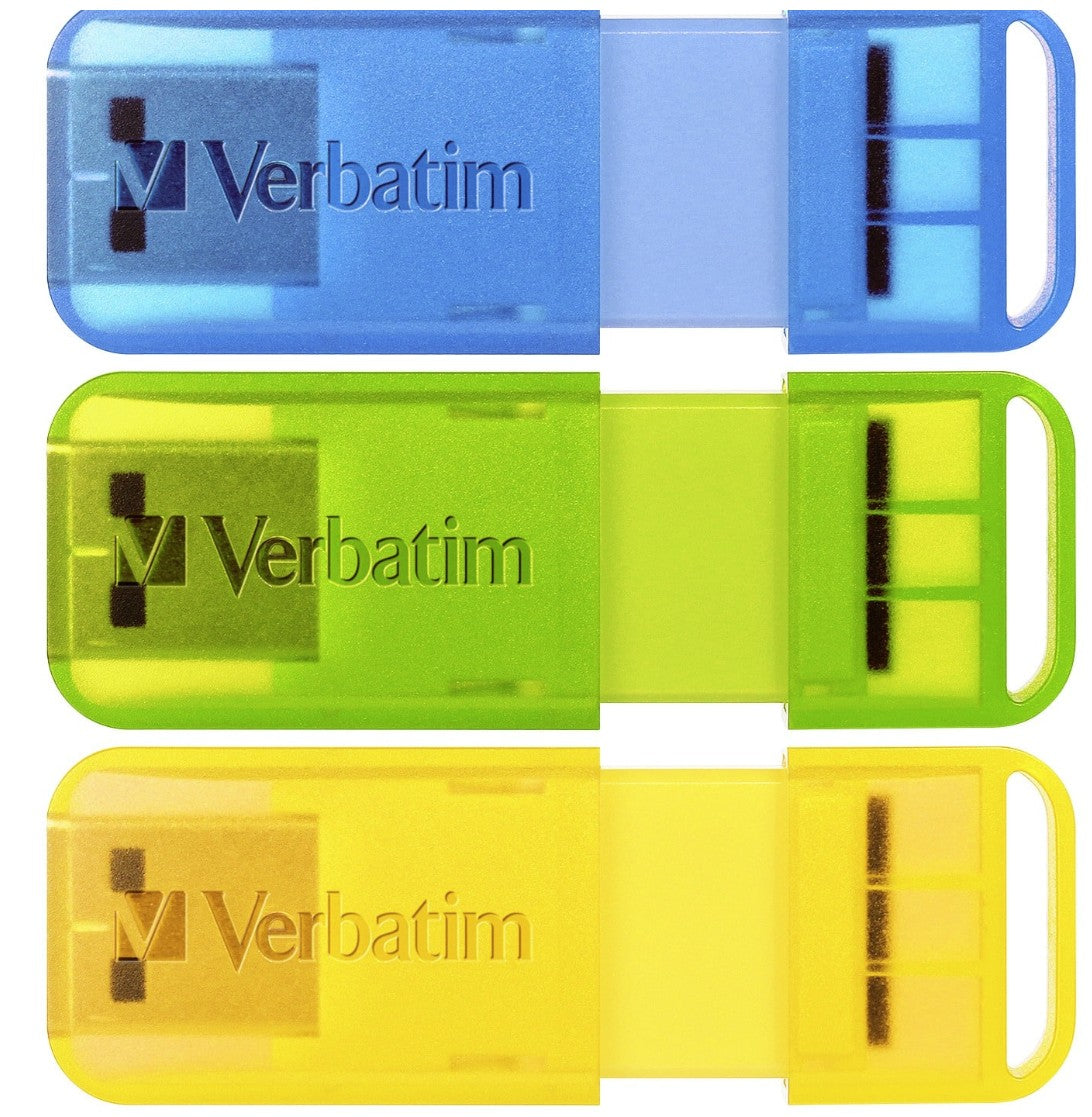Verbatim Pop-Up 32GB USB 2.0 Triple Pack - Assorted Bright Colours, Blue, Green, Yellow 66761