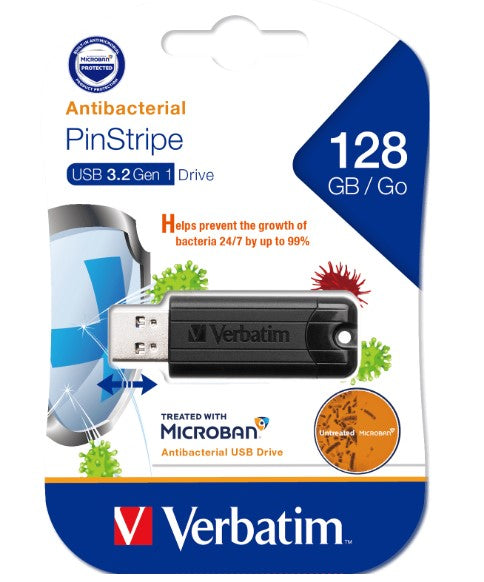 Verbatim 128GB Antibacterial Pinstripe USB 3.0 Drive (with Microban) Black 66777