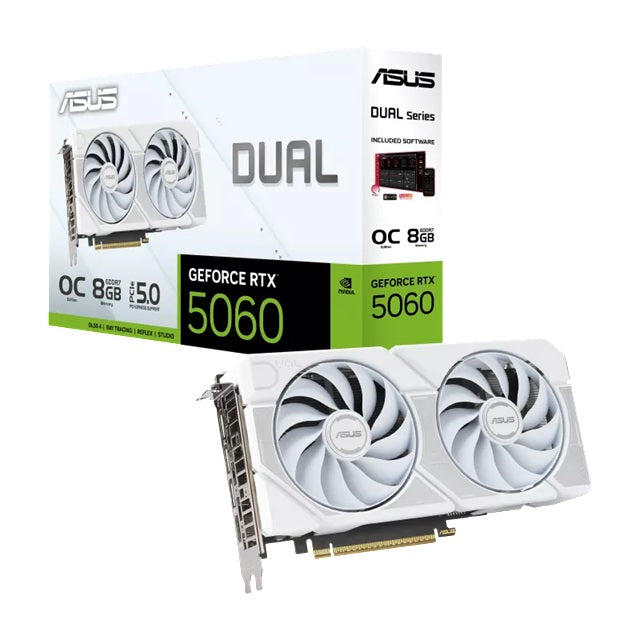 ASUS Dual GeForce RTX 5060 8GB- White OC Edition, GDDR7, NVIDIA, 3840 CUDA Cores, 28Gbps, PCIe 5.0, HDMI 2.1b, DP 2.1b DUAL-RTX5060-O8G-WHITE