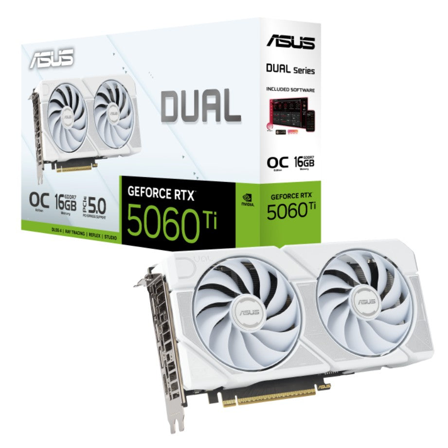 ASUS Dual GeForce RTX 5060 Ti 16GB - White OC, NVIDIA, GDDR7, 4608 CUDA Cores, 28Gbps, 128-bit, PCIe 5.0, HDMI 2.1b, DP 2.1b DUAL-RTX5060TI-O16G-WHITE