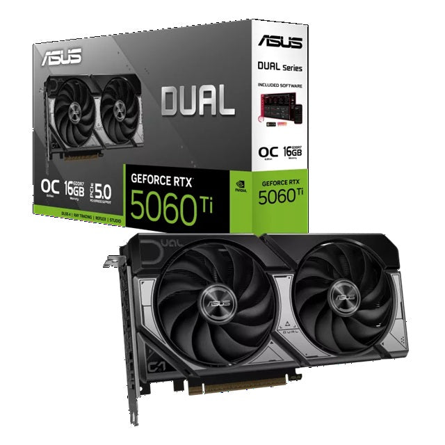 ASUS Dual GeForce RTX 5060 Ti 16GB - Black OC Edition, NVIDIA, GDDR7, 4608 CUDA Cores, 28Gbps, 128-bit, PCIe 5.0, HDMI 2.1b, DP 2.1b DUAL-RTX5060TI-O16G