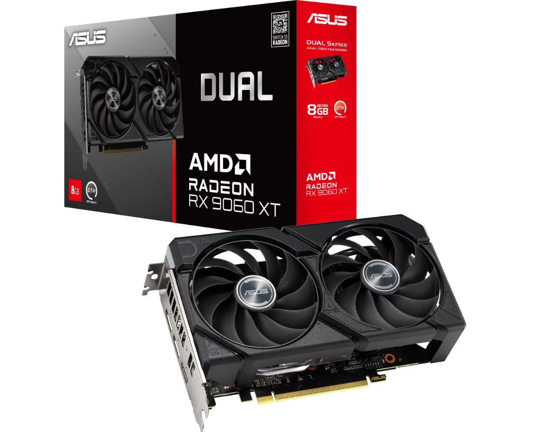 ASUS AMD Radeon Dual RX9060XT RX 9060 XT, 8G GDDR6? 128-bit, 2.5 Slot, Axial-Tech Fans, Dual BIOS, PCI Express 5.0 DUAL-RX9060XT-8G