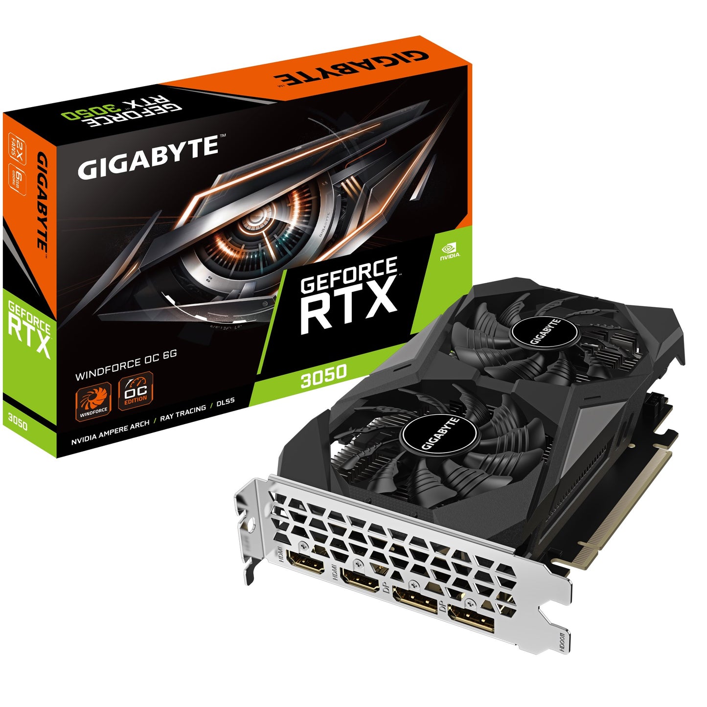 Gigabyte nVidia GeForce RTX 3050 WINDFORCE OC V2 6G, 1477 MHz, CUDA 2304, 14000 MHz, GDDR6, 96 bit, PCI-E 4.0, PSU 300W, DP1.4a*2 HDMI 2.1*2 GV-N3050WF2OCV2-6GD