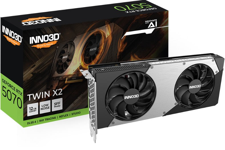 INNO3D nVidia GeForce RTX 5070 TWIN X2 12GB GDDR7 2512 MHz Boost Clock, RAM 28 Gbps, 3x DP, 1xHDMI 250x116x41mm N50702-12D7-195064N