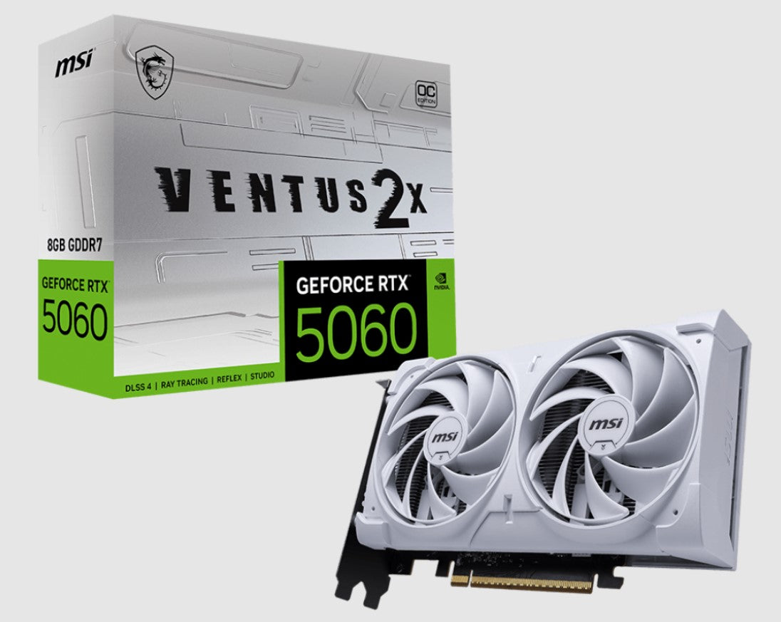 MSI nVidia GeForce RTX 5060 8G VENTUS 2X OC WHITE, PCI Express Gen 5 x16, Boost: 2527 MHz, CUDA 3840 Units, 8GB GDDR7. HDMI x 1 (emabargo) GeForce RTX 5060 8G VENTUS 2X OC WHITE