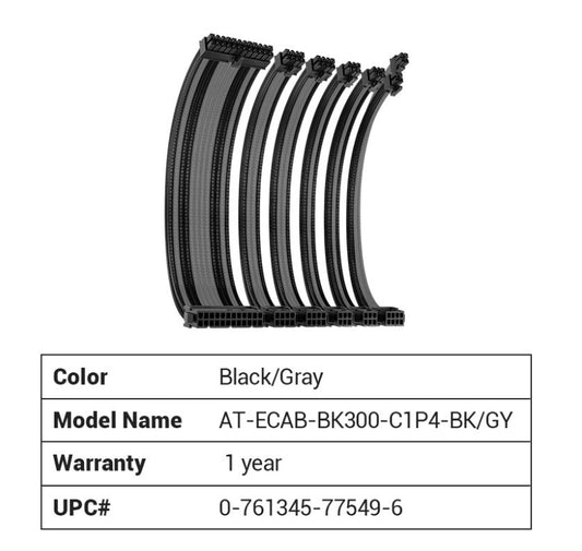 Antec CIP4 Cable Kit Black Grey - 6 Pack, 24ATX, 4+4 EPS, 16AWG Thicker, High Performance 300mm long Length. Premium Sleeved & Universal AT-ECAB-BK300-C1P4-BK/GY