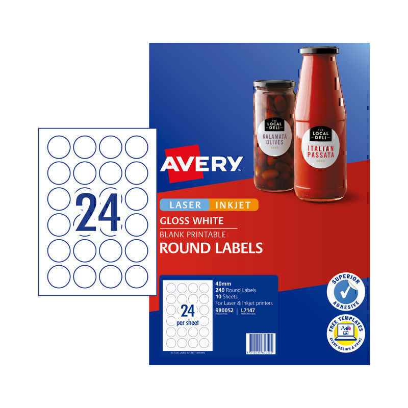 Avery Label Gls Rd L7147 40mm Pk240 - 980052