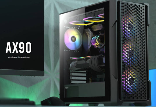 Antec AX90 ATX, 2x 360mm Radiator Support, 4x ARGB 12CM Fans 3x Front & 1x Rear included. RGB controller for six fans. Mesh Tempered Glass Gaming Case AX90