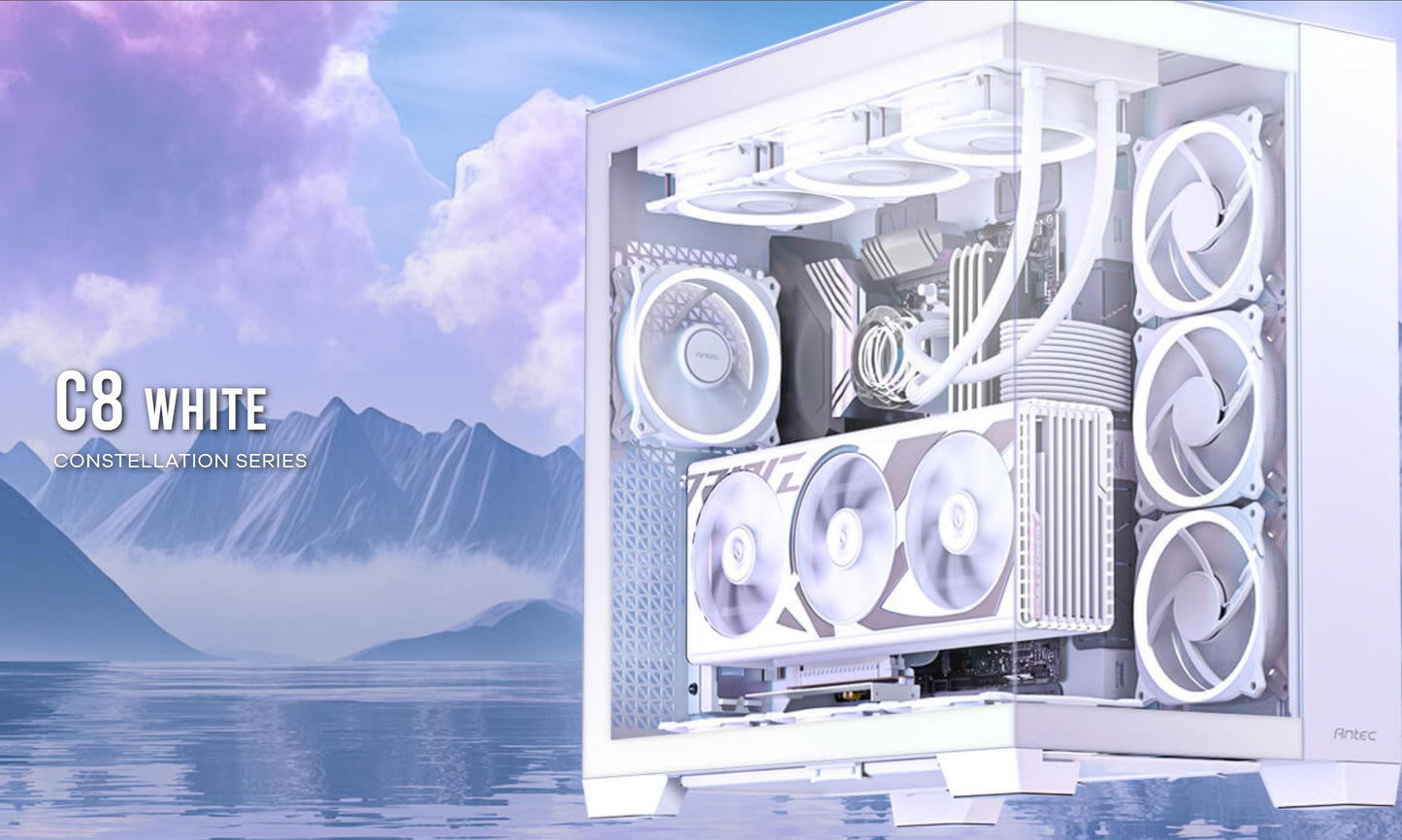 Antec C8 E-ATX, mATX, ITX, Seamless Edge View Front and Side, USB-C, 4mm Tempered Glass, 360mm liquid cooler top, bottom, side. 2x USB 3.0 White Case C8 White