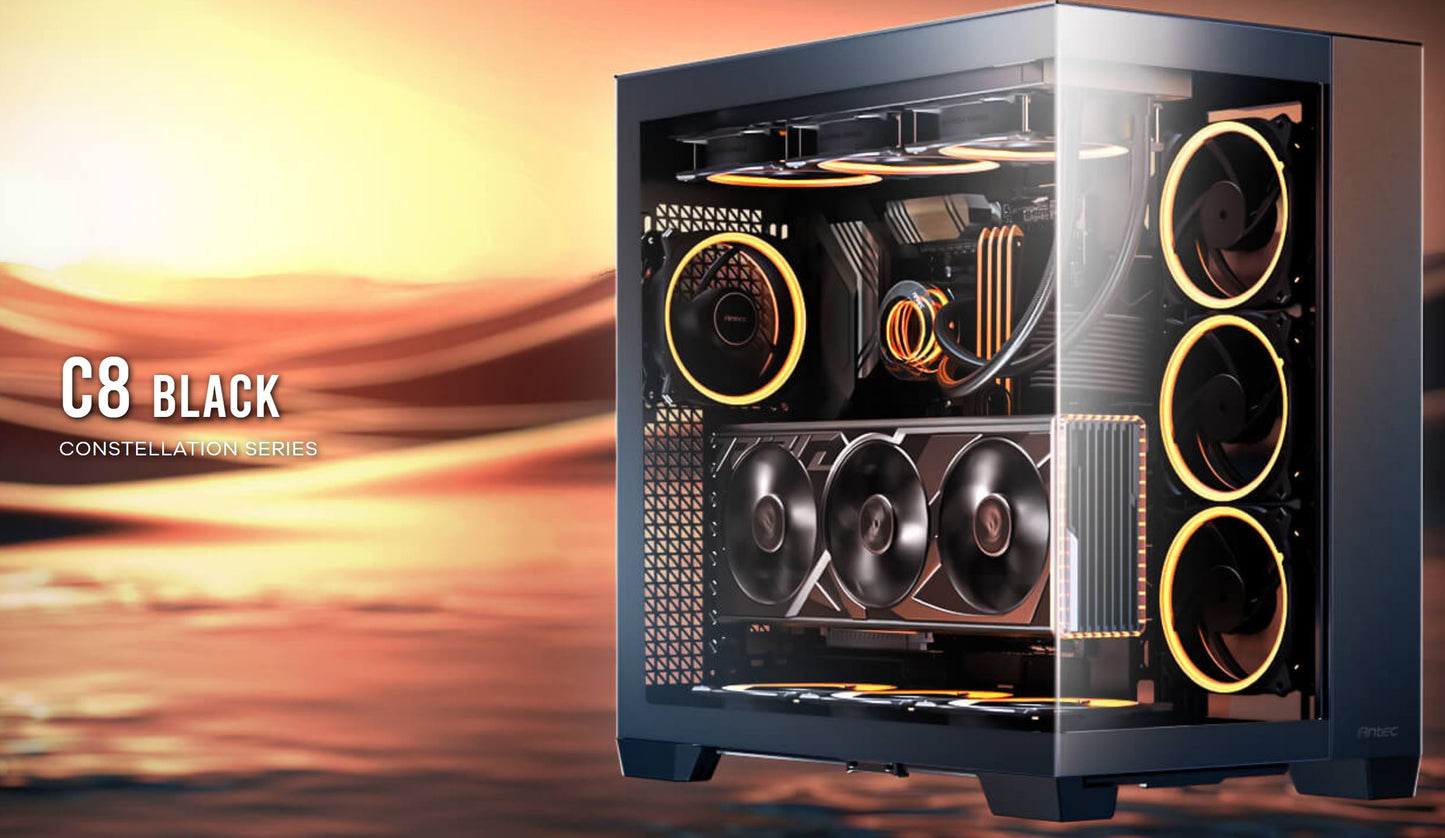 Antec C8 ATX, E-ATX. mATX, Seamless Edge View Front and Side, USB-C, 4mm Tempered Glass, 360mm liquid cooler top, bottom, side. 2x USB 3.0 Black Case C8