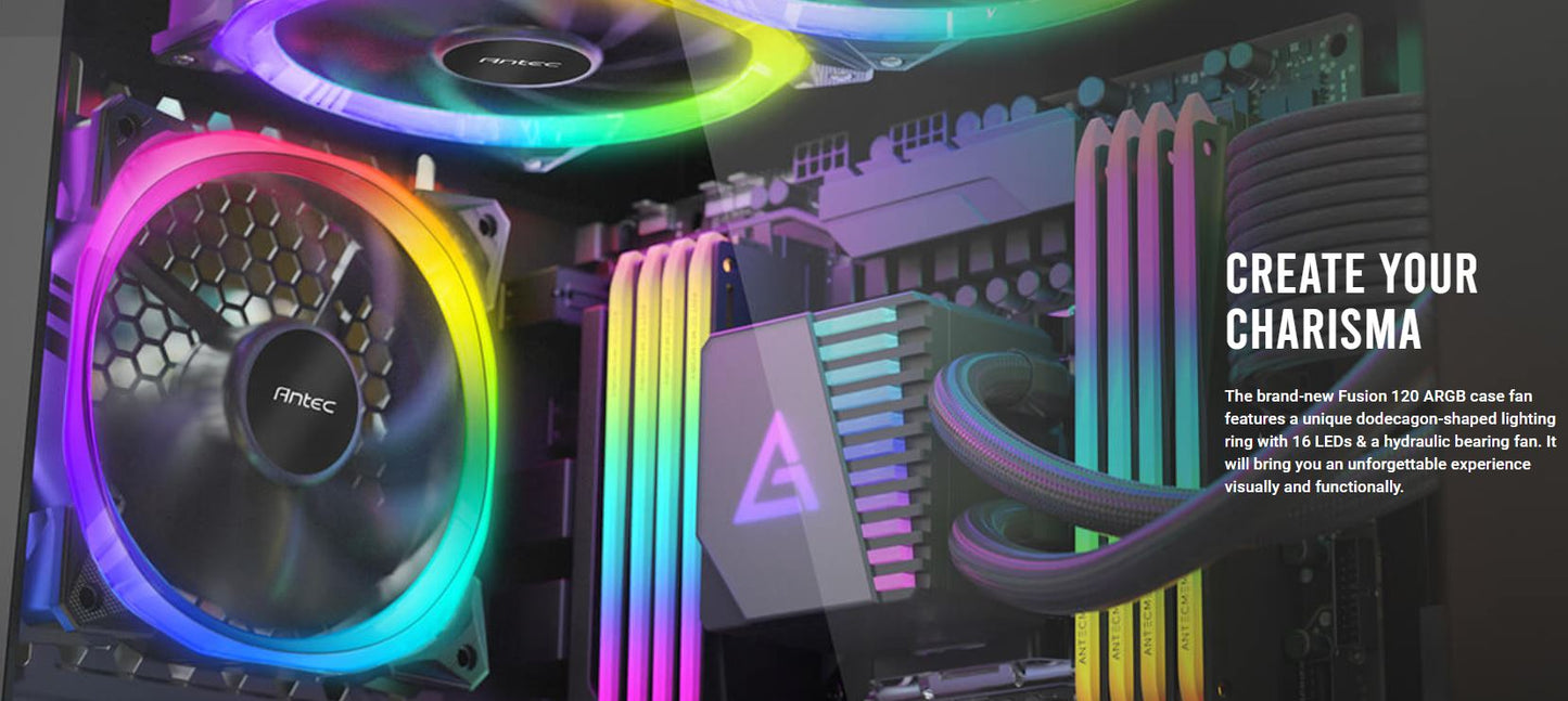 Antec Fusion 120mm ARGB PWM HB Fan, Airflow 57.93 CFM, Air Pressure 2.11, Noise Level 31.21. Woven Cable, PMW Daisy Chain design, 3 Yrs Warranty(LS) Fusion 120 ARGB