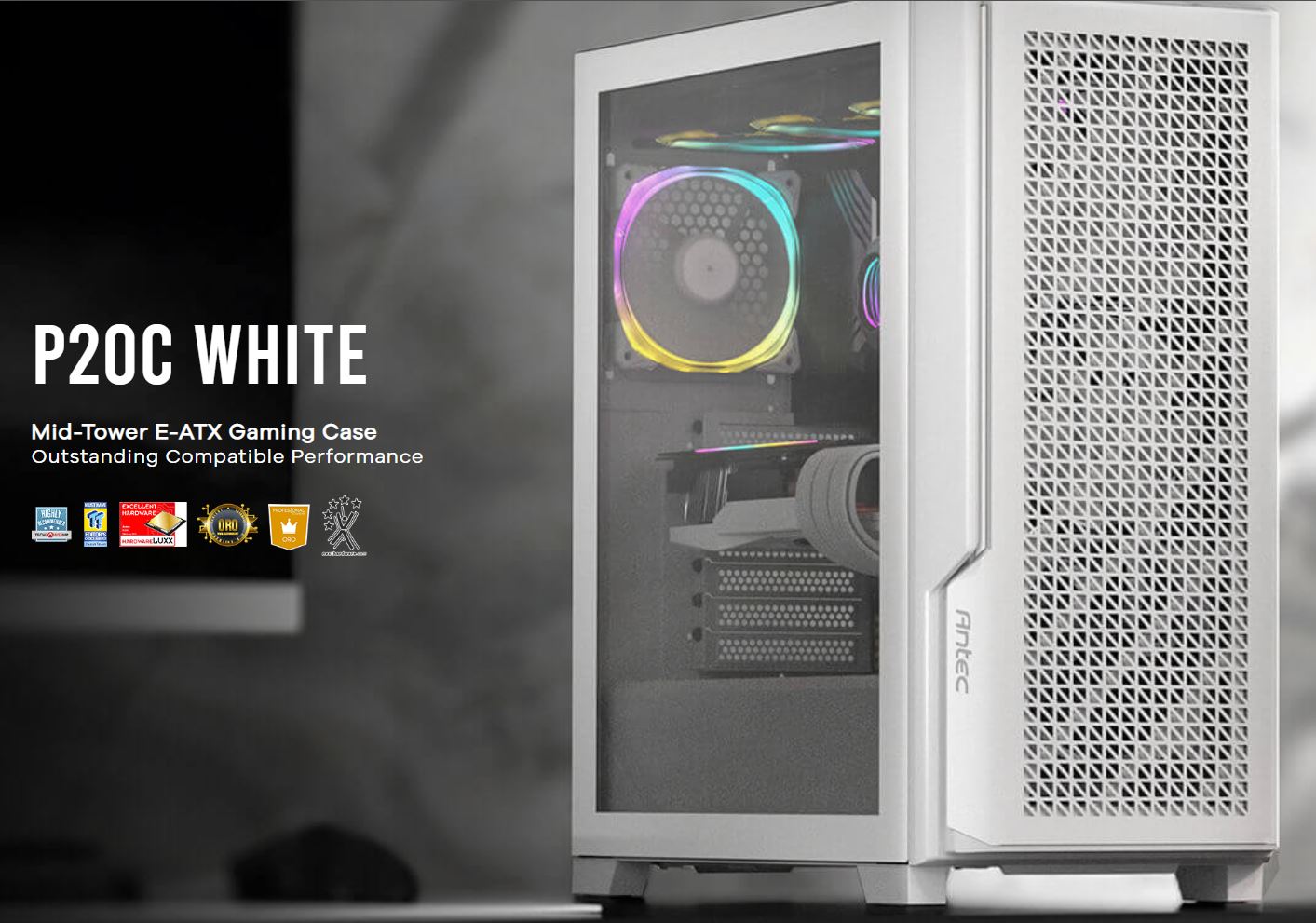 Antec P20C White, ATX, E-ATX, ATX, USB-C, Cable management, 4x HDD or SSD, 375mm GPU, 170mm CPU 3x PWM white 12 CM Fan, Tempered Glass, Case P20C WHITE